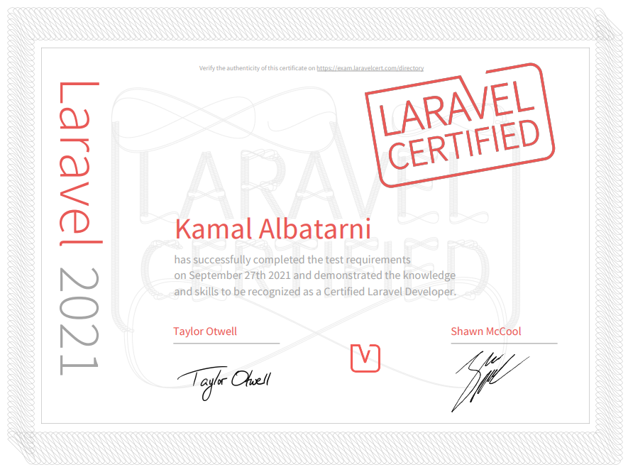 Kamal Albatarni Laravel Certification